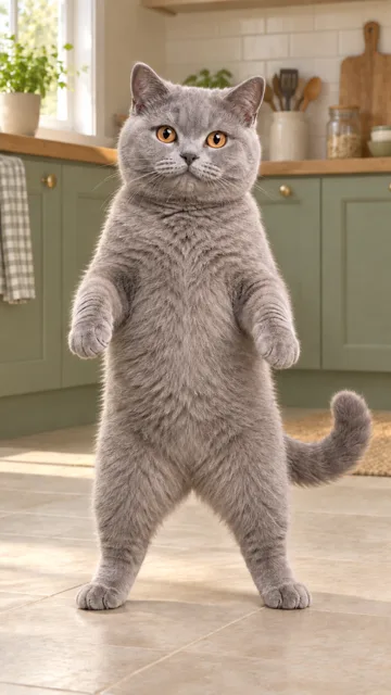 A single gray cat with its face, coat, and full body visible