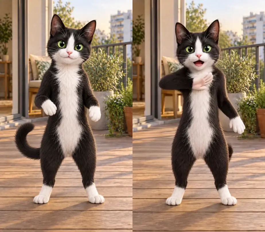 Un gato blanco y negro baila en un balcón. Imagen original a la izquierda; baile generado a la derecha.